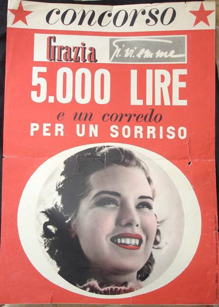 “5000 lire per un sorriso”  il concorso di bellezza che dal 1939 al 1944 elesse la ragazza pi bella d’Italia. Le concorrenti non presenziavano, inviavano foto ed era premiato il sorriso pi bello. Prima della guerra le parole inglesi erano bandite, poi arriv la 